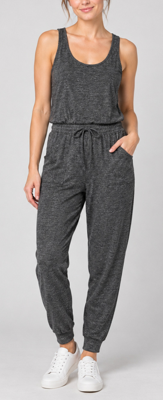 Free People FP Beach Bicoastal Jumpsuit Small Gray Knit Sleeveless Jogger Comfy